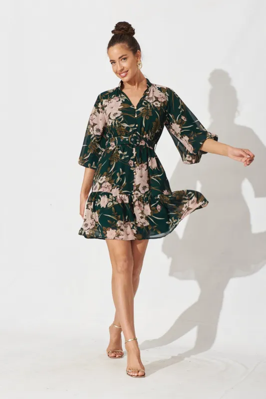 Allaway Dress In Emerald With Blush Floral Chiffon sold by St Frock