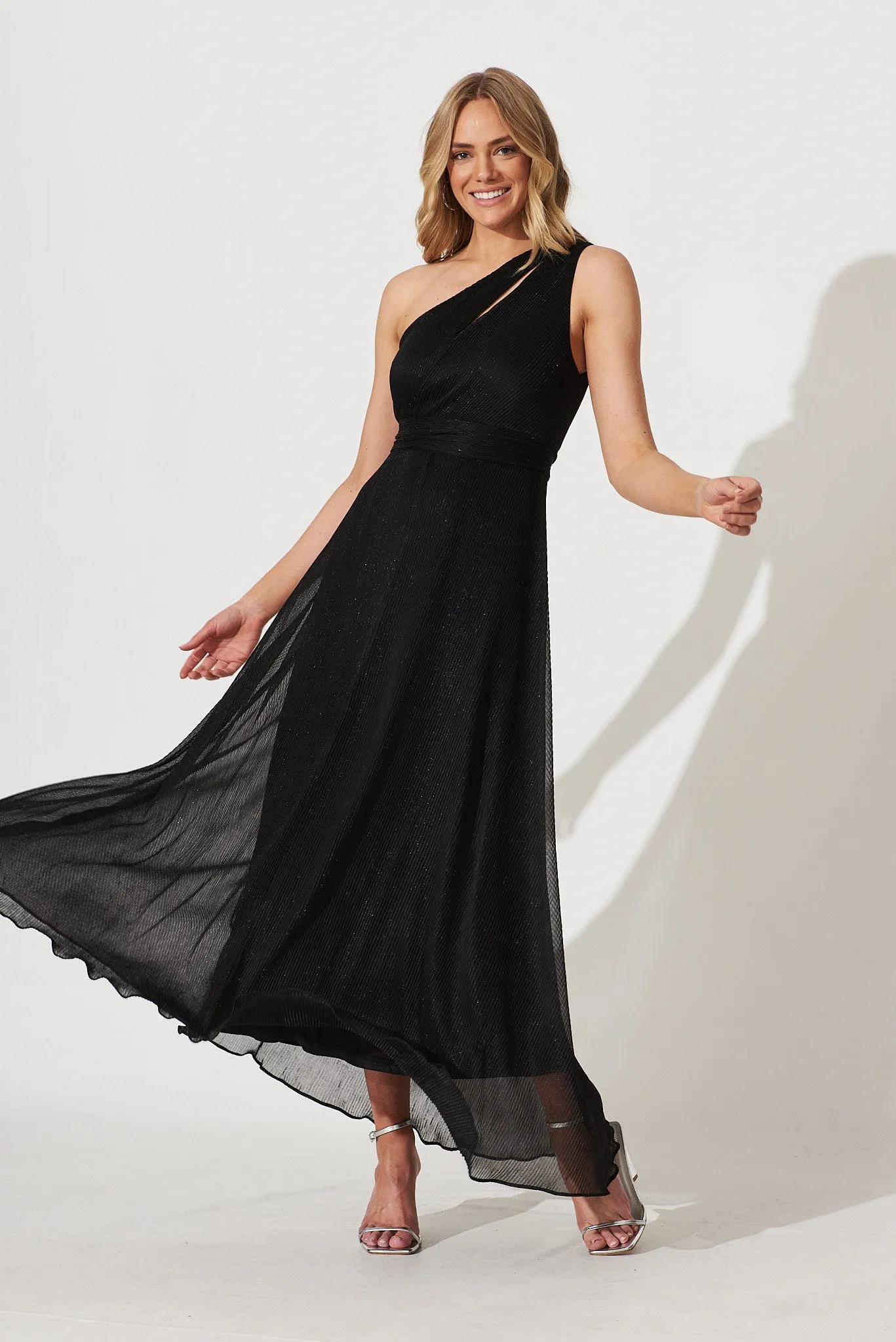 Dazzling One Shoulder Maxi Dress In Black Lurex sold by St Frock
