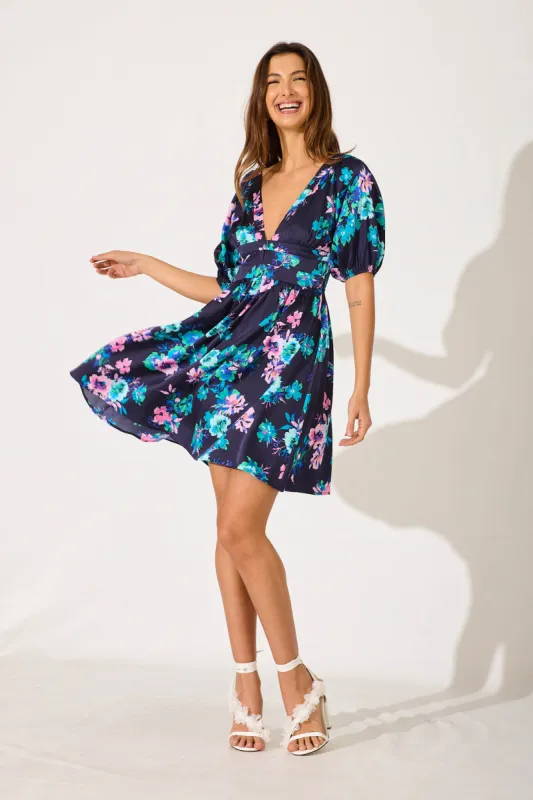 Meli Dress In Navy With Lilac Multi Floral sold by St Frock