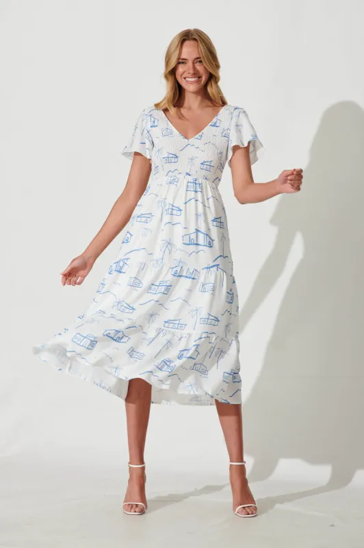Memories Midi Dress In White With Blue Palm Print Linen Blend sold by St Frock