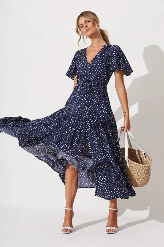 Violet Maxi Dress In Navy Spot sold by St Frock