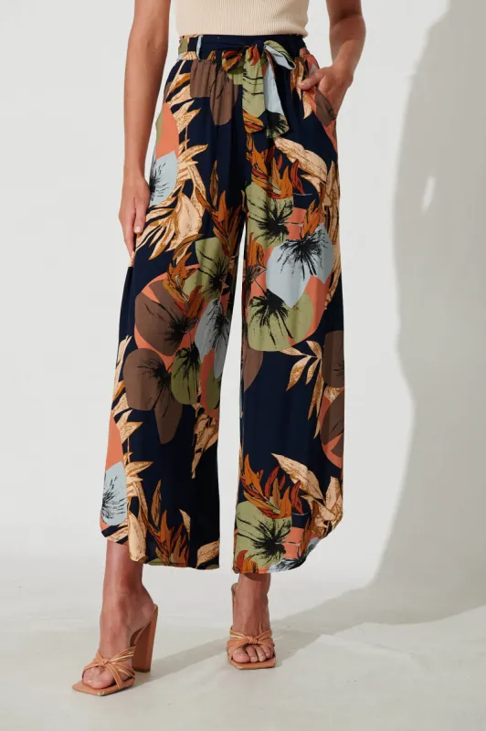 Evelyn Pant In Navy With Multi Leaf Print sold by St Frock