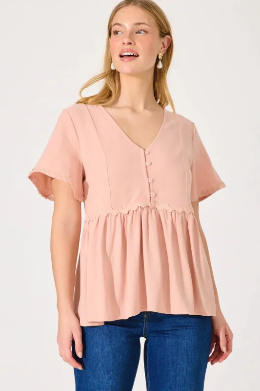 Rory Top In Blush With Ric Rac Trim Linen Blend sold by St Frock
