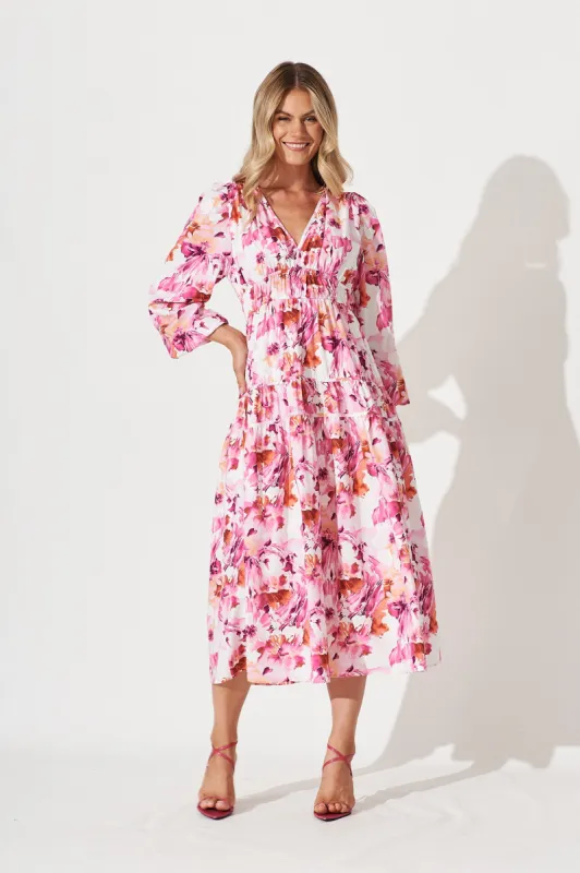 Karan Maxi Dress In White With Pink And Purple Floral sold by St Frock