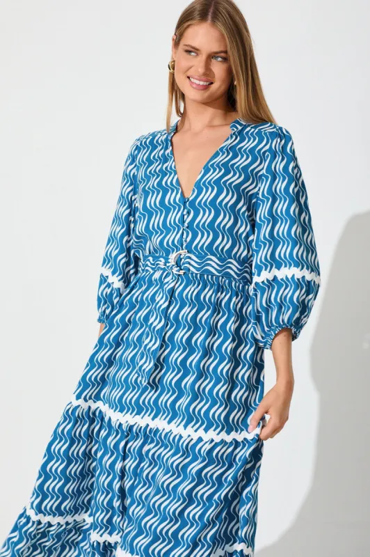Fialla Midi Dress In Blue And White Print With Ric Rac Trim sold by St Frock