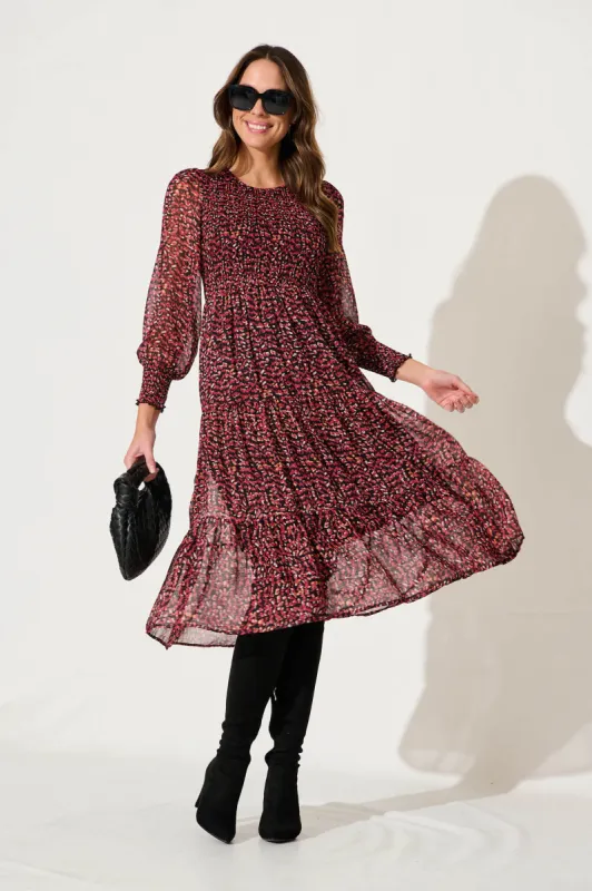 Jaseline Midi Dress In Black With Red Print Lurex Chiffon sold by St Frock