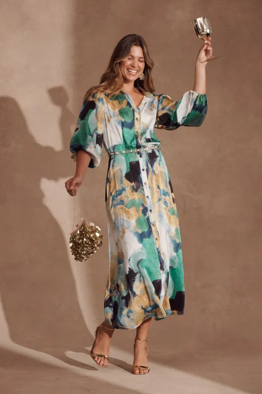 Gabi Maxi Shirt Dress In Blue Green Watercolour sold by St Frock
