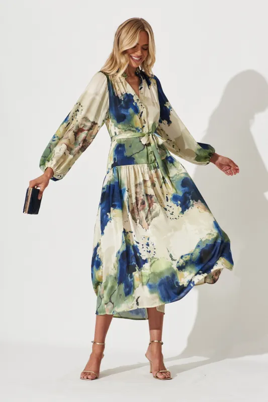 Pippa Maxi Dress In Green With Navy Print Chiffon sold by St Frock