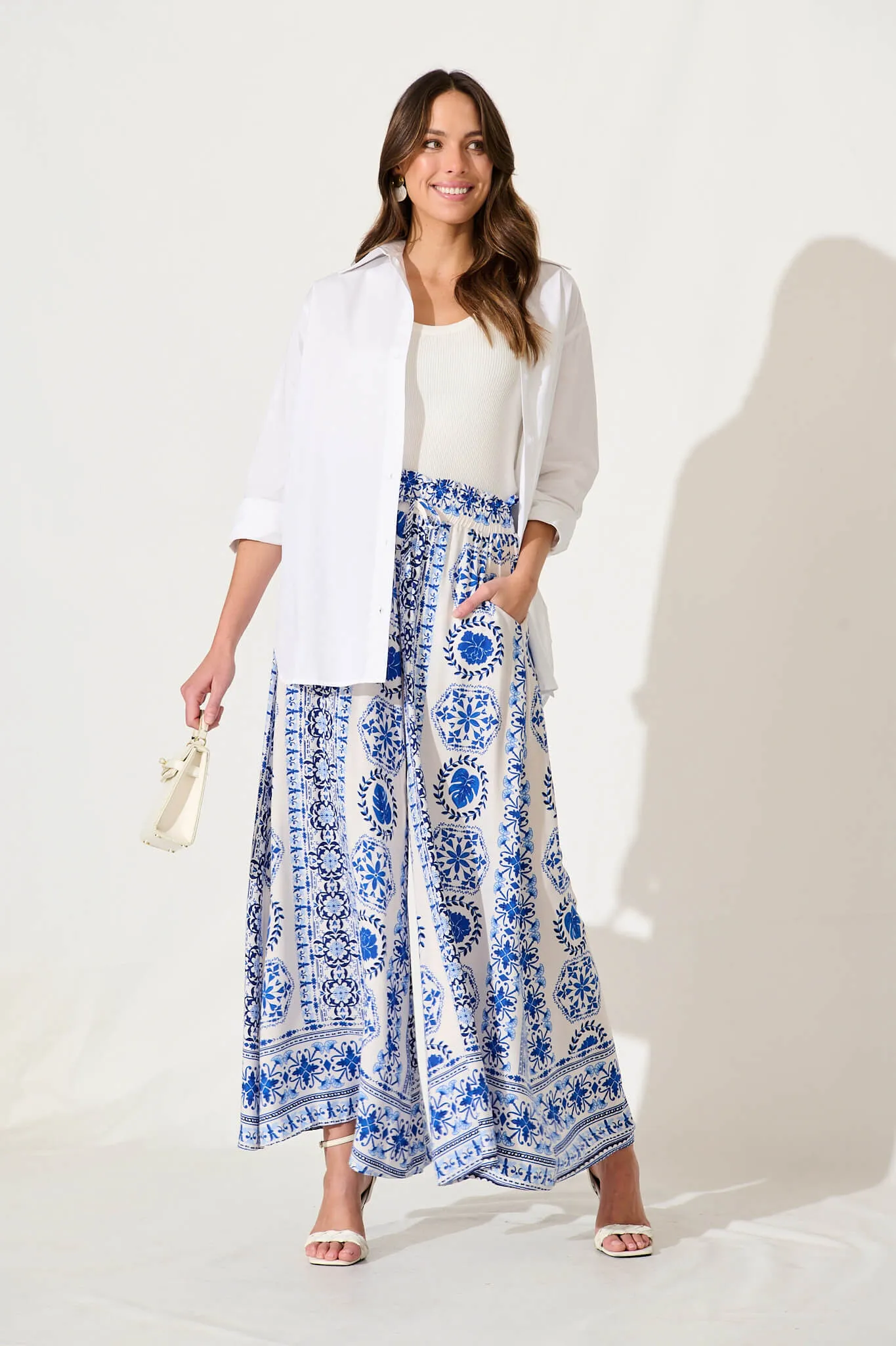 Mariah Pant In White With Blue Tile Border Print sold by St Frock product image thumbnail 4