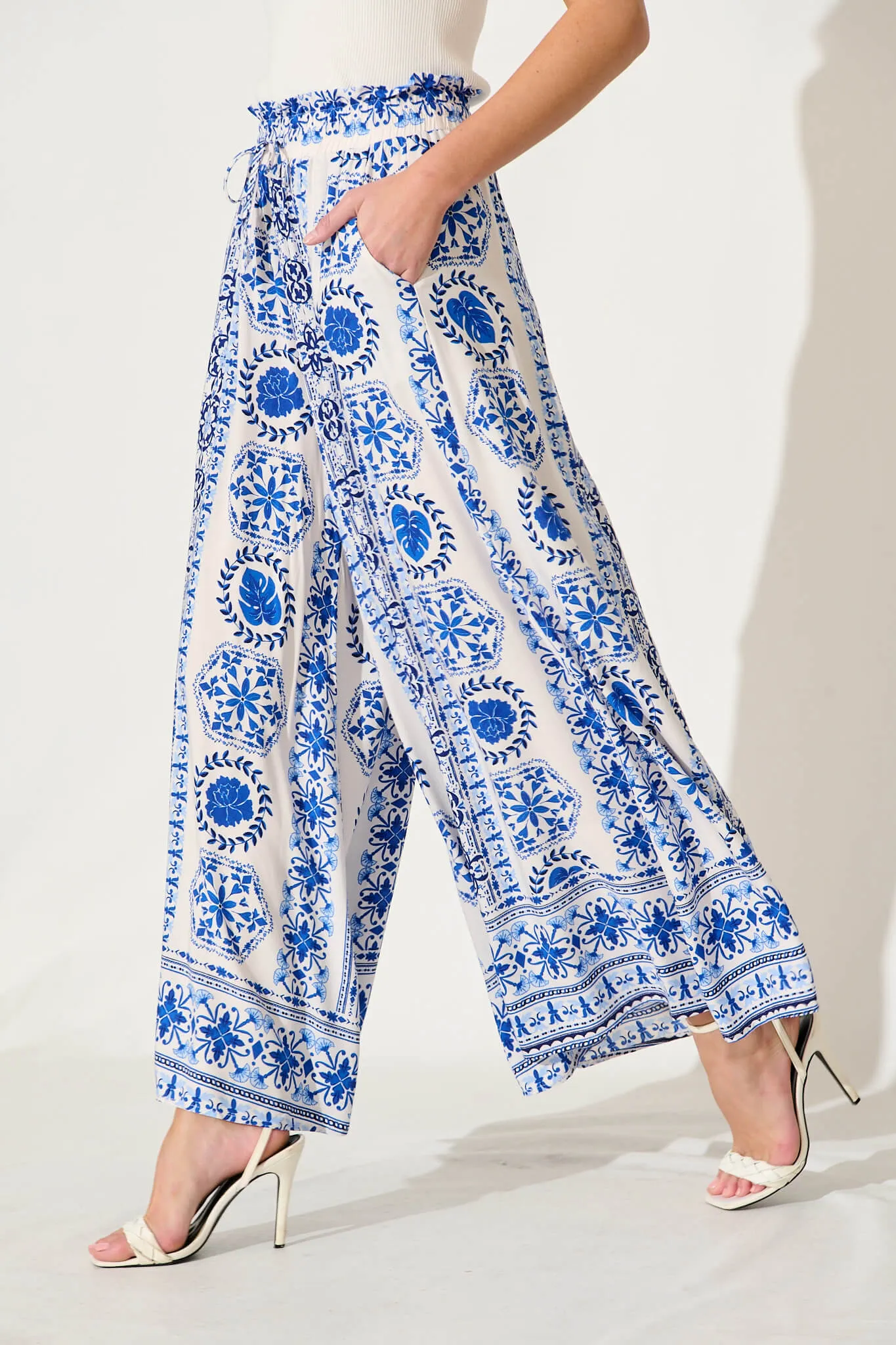 Mariah Pant In White With Blue Tile Border Print sold by St Frock