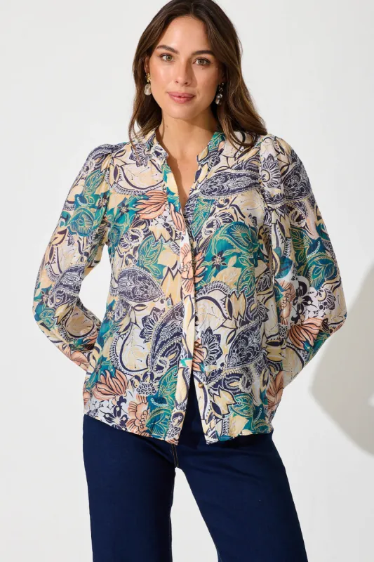 Gianna Shirt In Multi Leaf Cotton Blend sold by St Frock