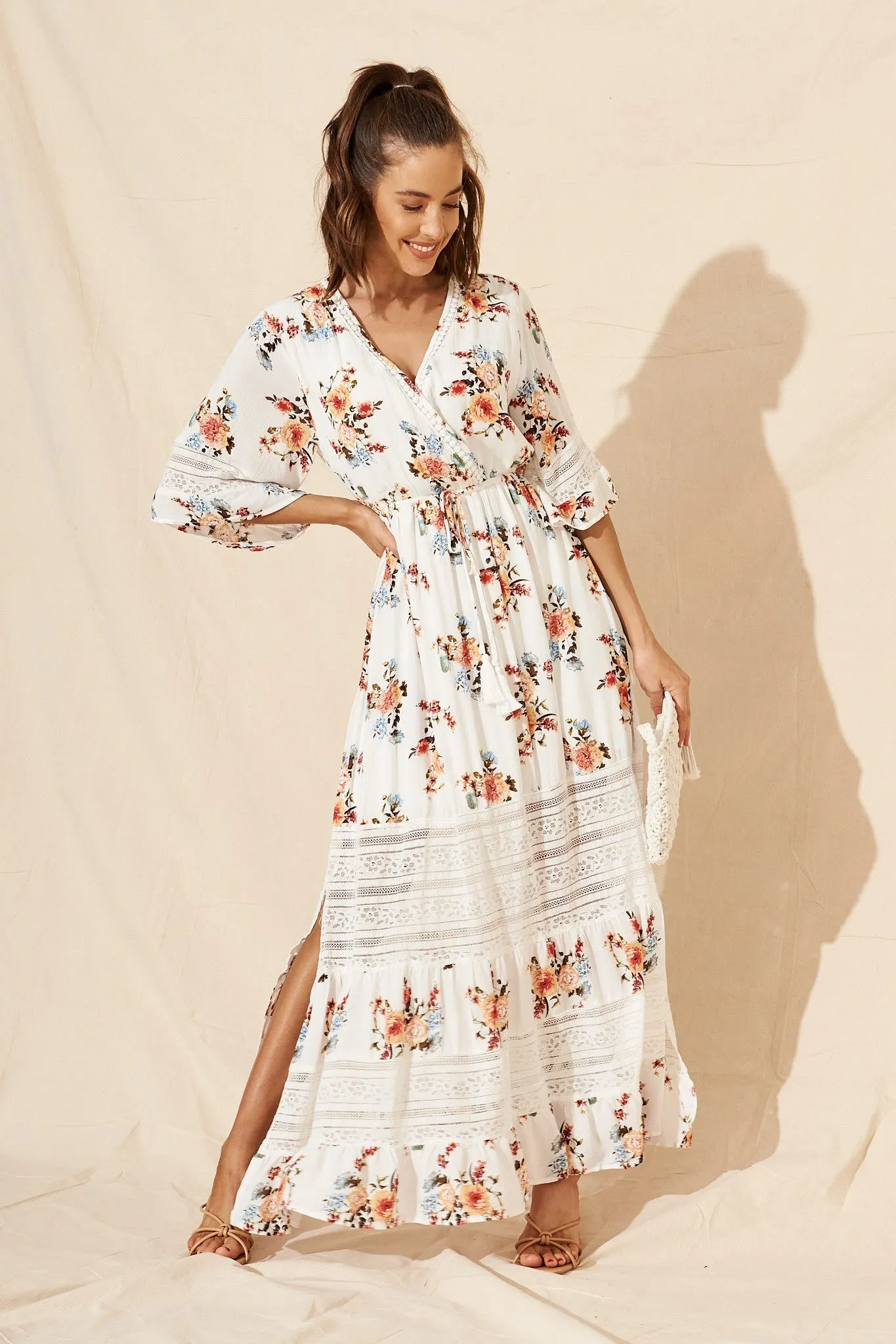 Roxy Maxi Dress In White With Apricot Floral sold by St Frock