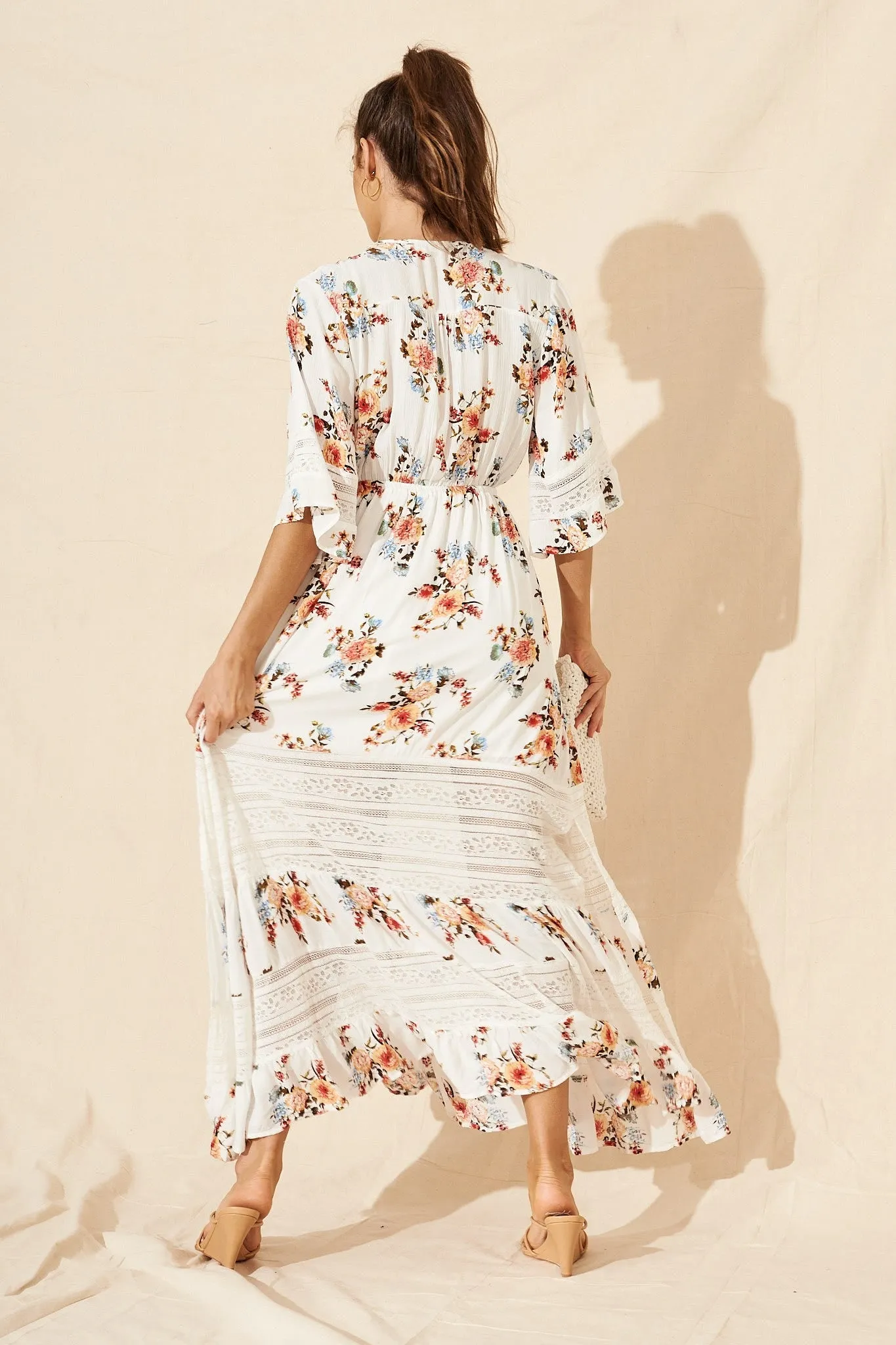 Roxy Maxi Dress In White With Apricot Floral sold by St Frock product image thumbnail 5