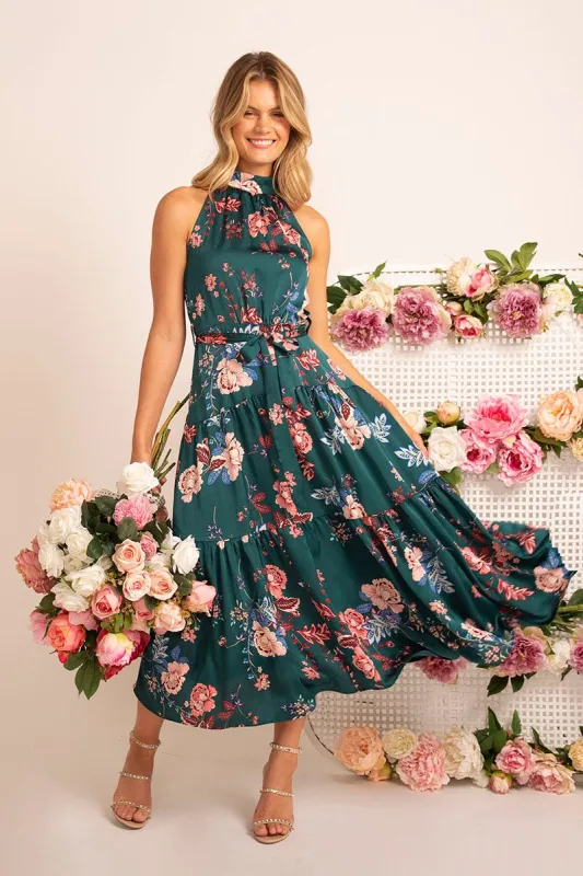 Khalo Dress In Green With Blush Floral sold by St Frock
