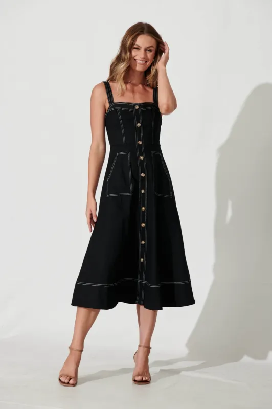 Daylight Midi Sundress In Black Cotton Blend sold by St Frock
