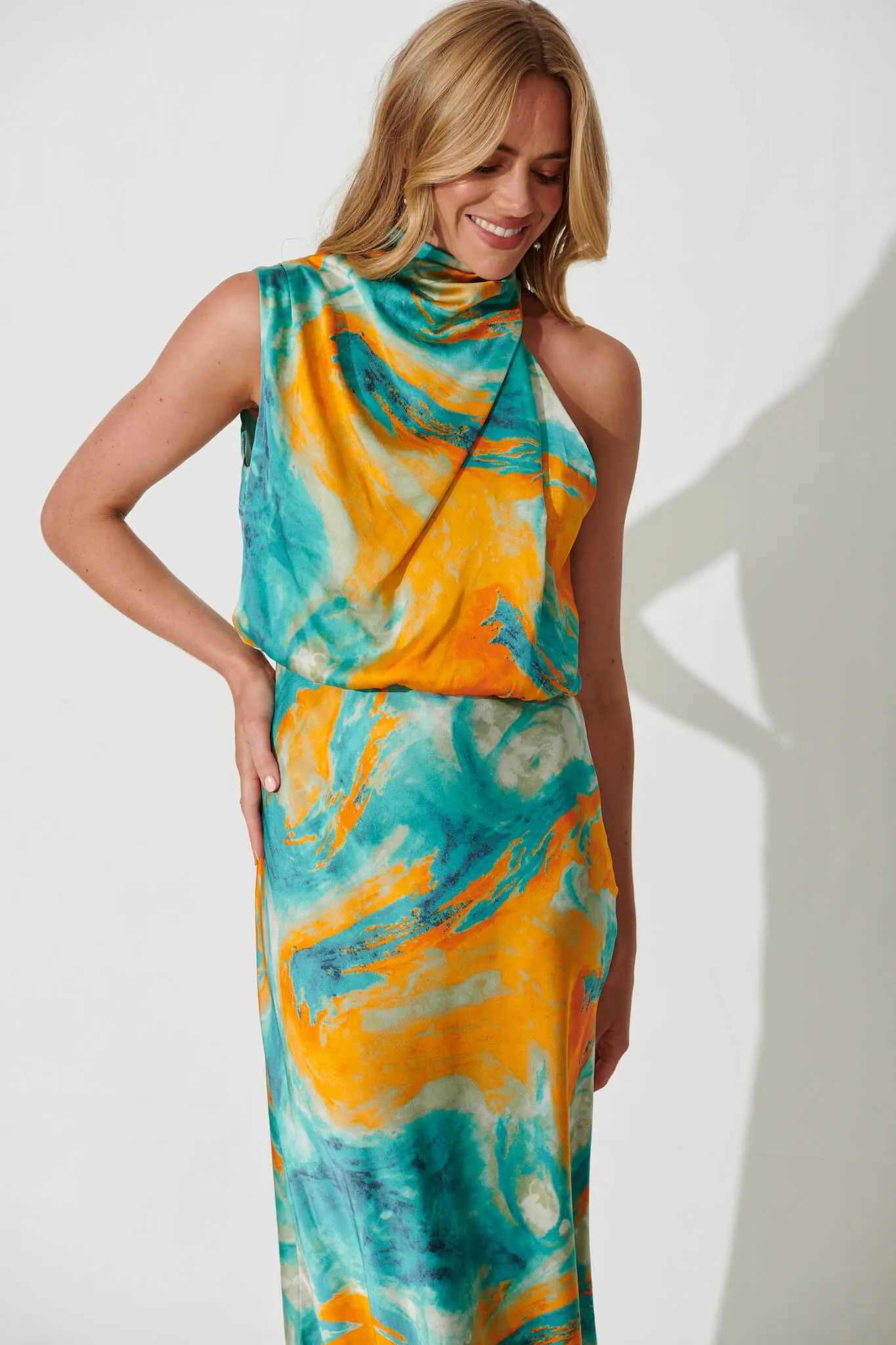 Visions Maxi Dress In Aqua With Orange Watercolour Satin sold by St Frock product image thumbnail 2