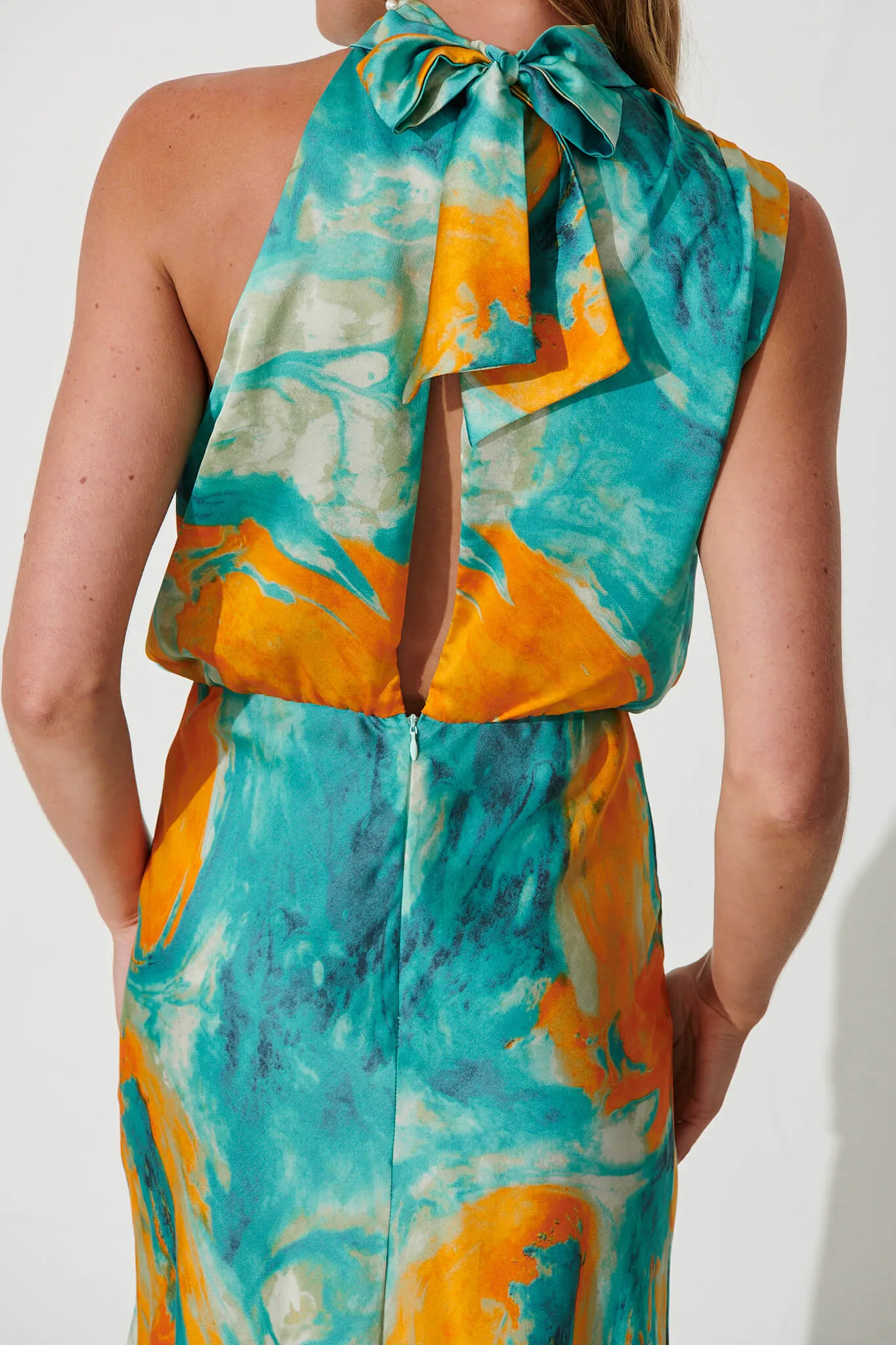 Visions Maxi Dress In Aqua With Orange Watercolour Satin sold by St Frock product image thumbnail 5
