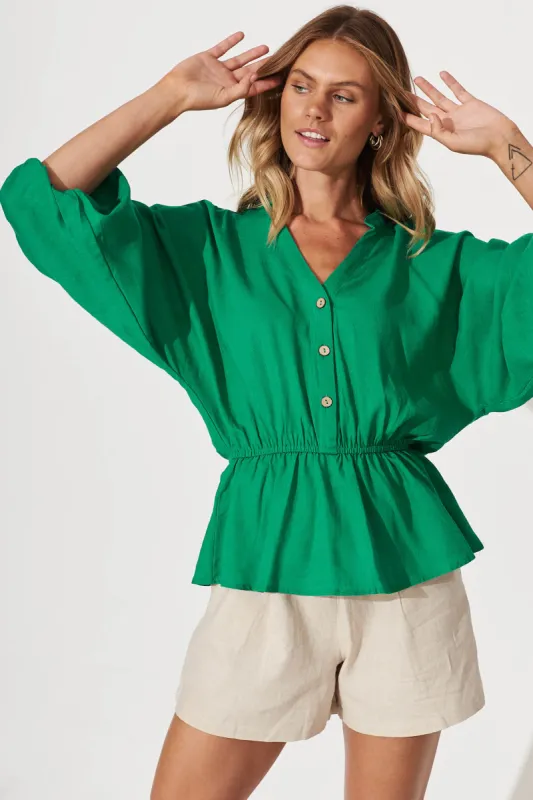 Jordin Top In Green Linen Blend sold by St Frock