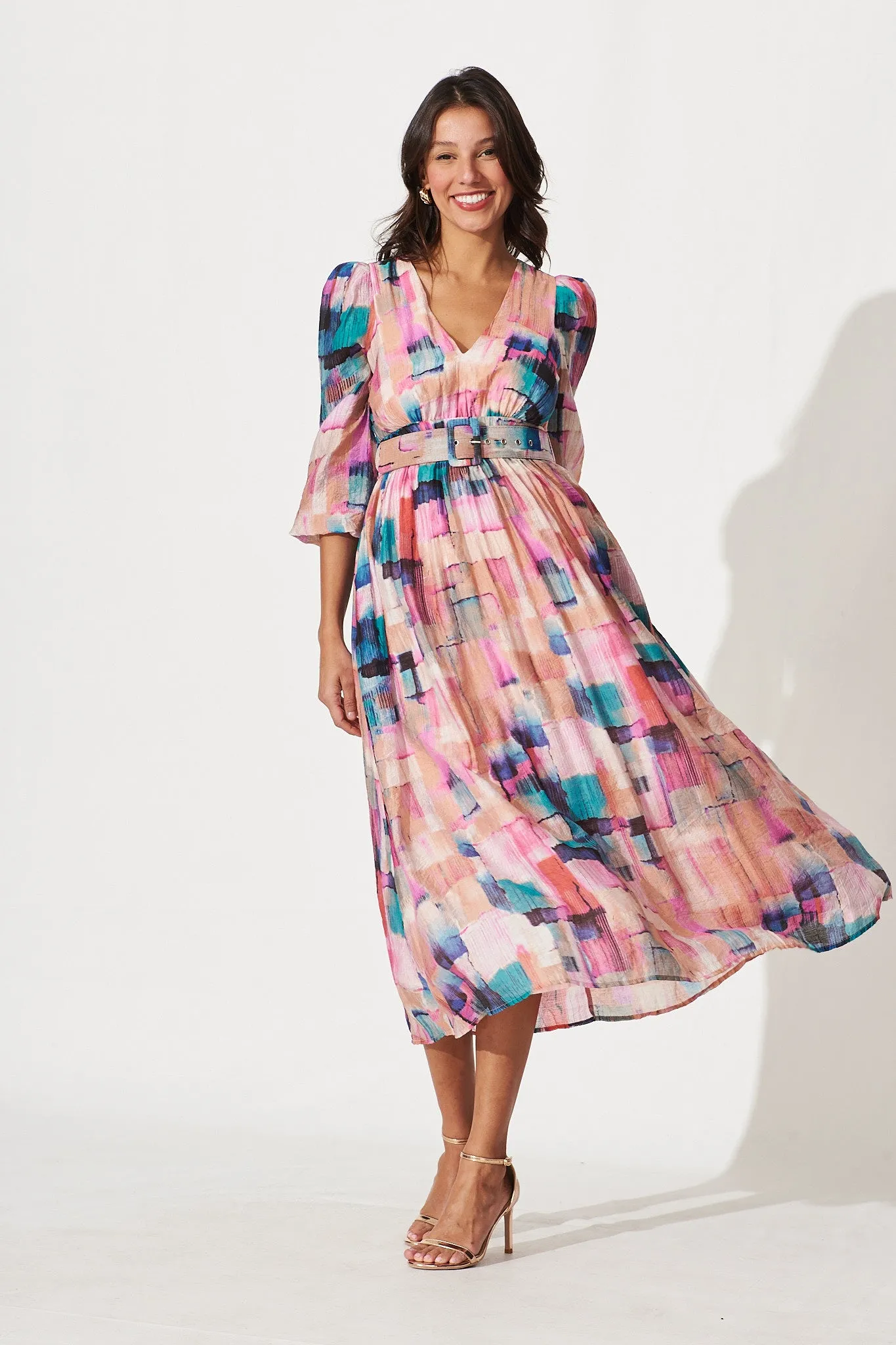 Vichy Midi Dress In Pink With Multi Print sold by St Frock