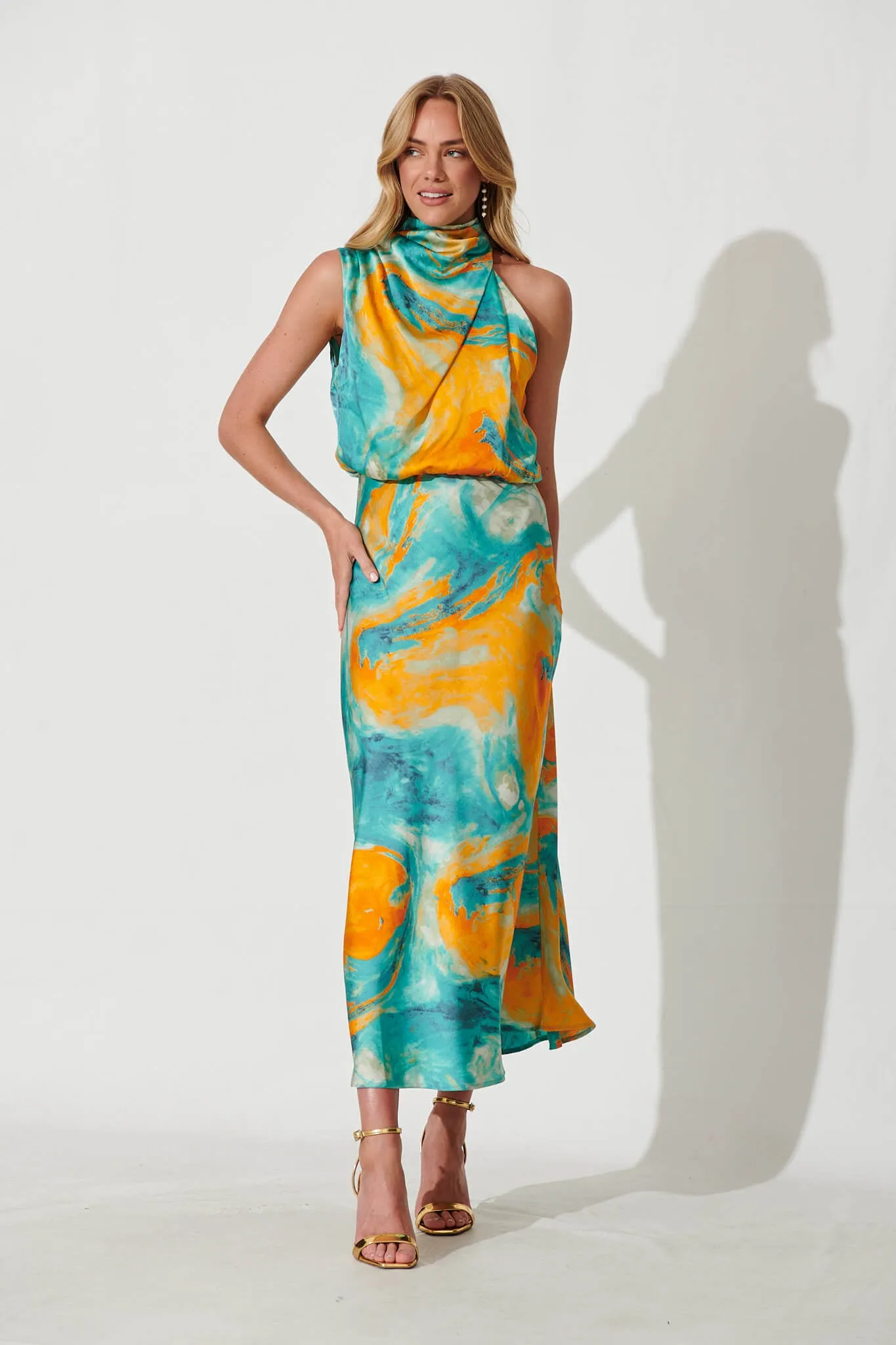 Visions Maxi Dress In Aqua With Orange Watercolour Satin sold by St Frock