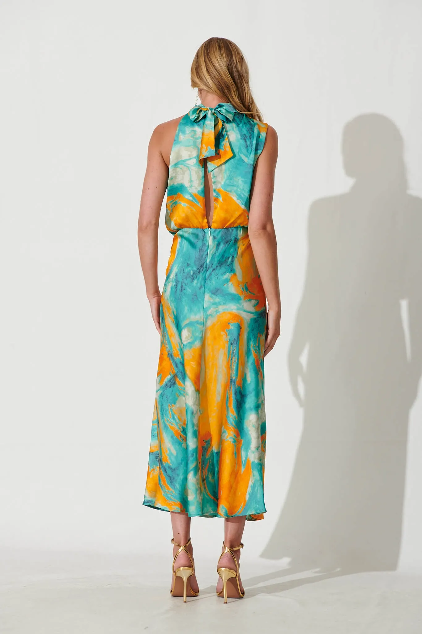 Visions Maxi Dress In Aqua With Orange Watercolour Satin sold by St Frock product image thumbnail 4