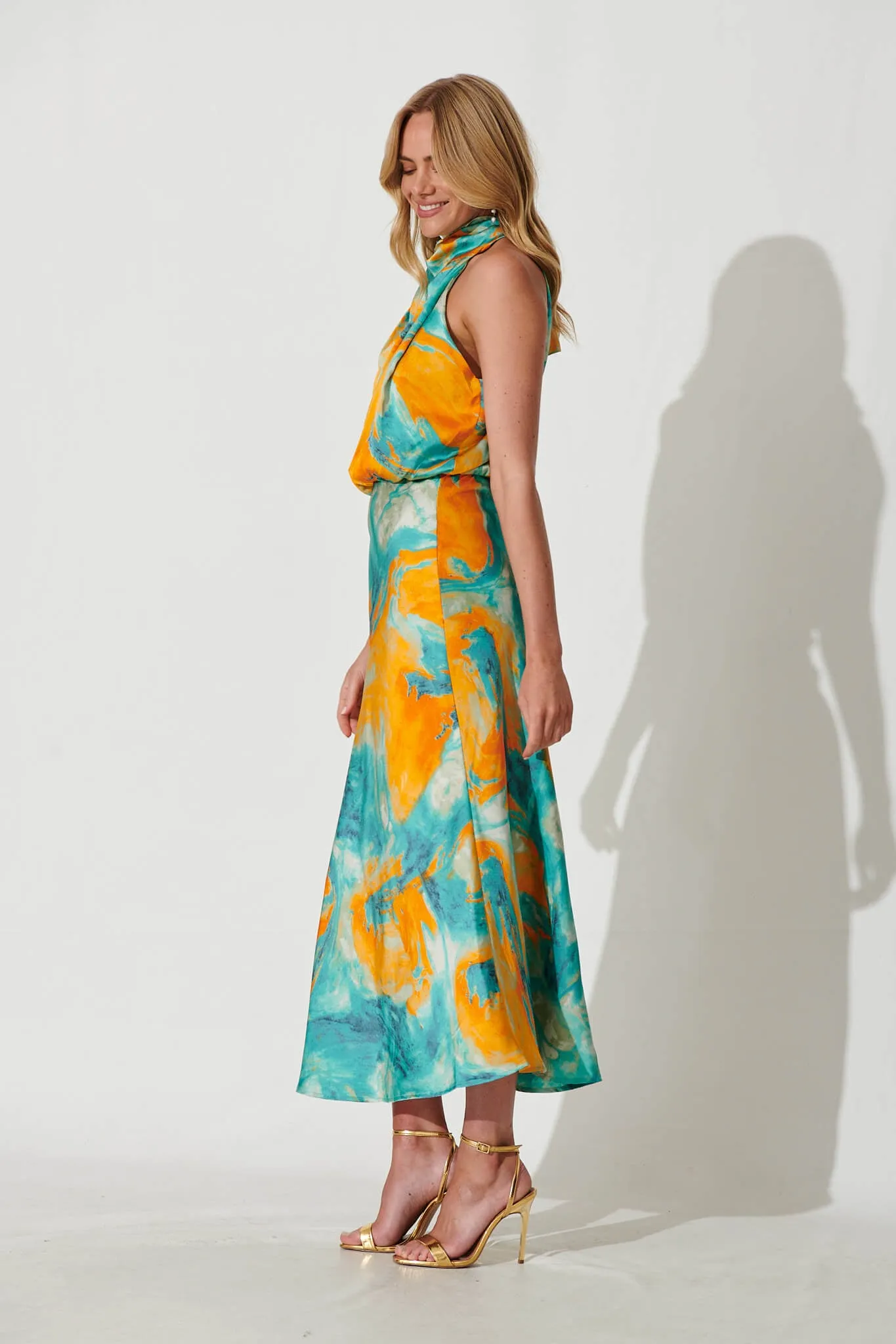 Visions Maxi Dress In Aqua With Orange Watercolour Satin sold by St Frock product image thumbnail 3