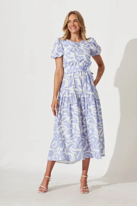 Amori Midi Dress In Blue And White Cotton sold by St Frock