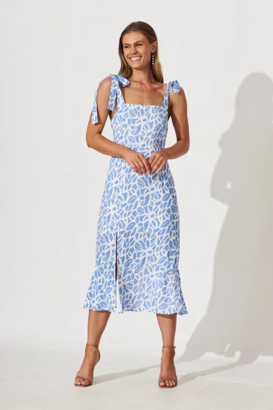 Francesca Midi Sundress In Blue With White Leaf Print sold by St Frock