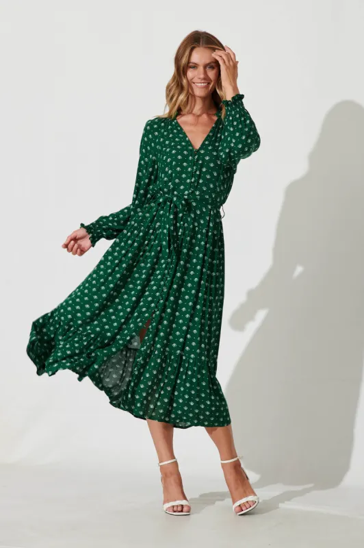 Frangipane Midi Dress In Green With White Print sold by St Frock