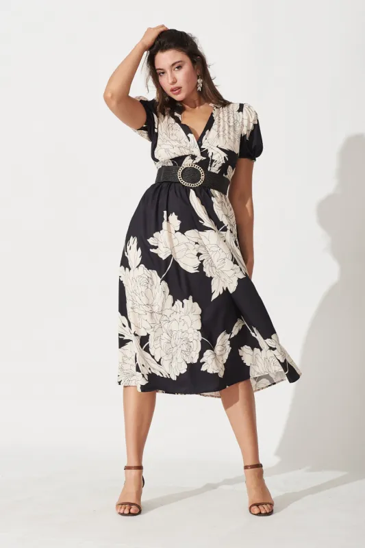 Deja Midi Dress In Black With Cream Sketch Floral sold by St Frock