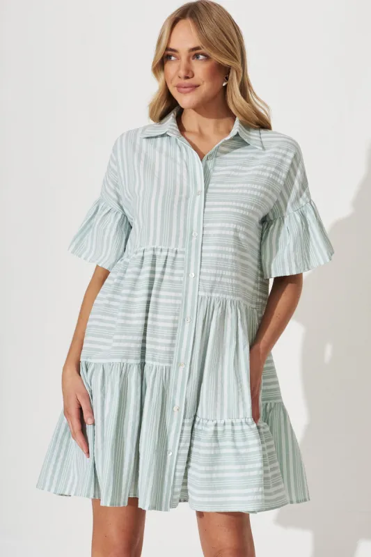 Freya Shirt Dress In Green With White Stripe Cotton sold by St Frock
