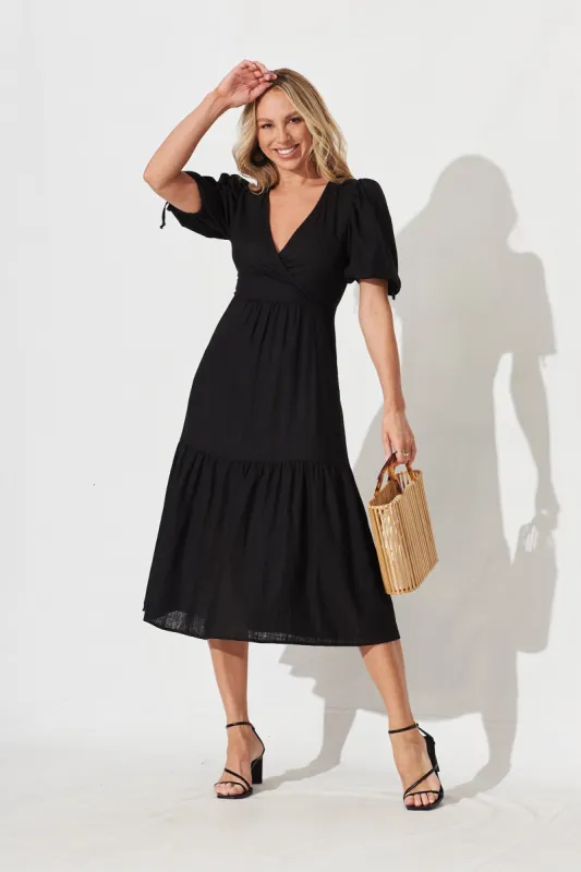 Heather Midi Dress In Black Linen Blend sold by St Frock