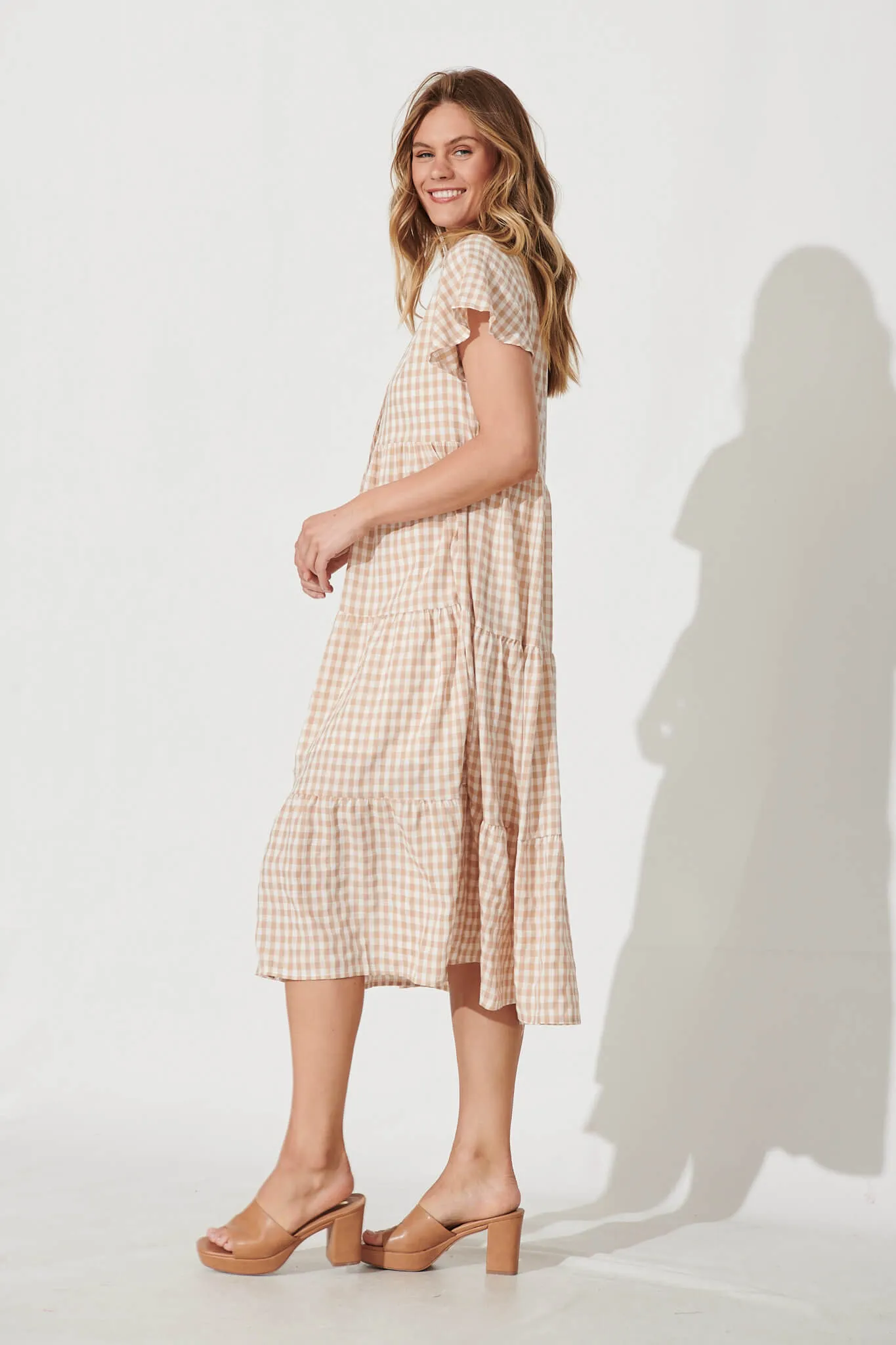 Bently Midi Dress In Beige Gingham Check Cotton Blend sold by St Frock product image thumbnail 3