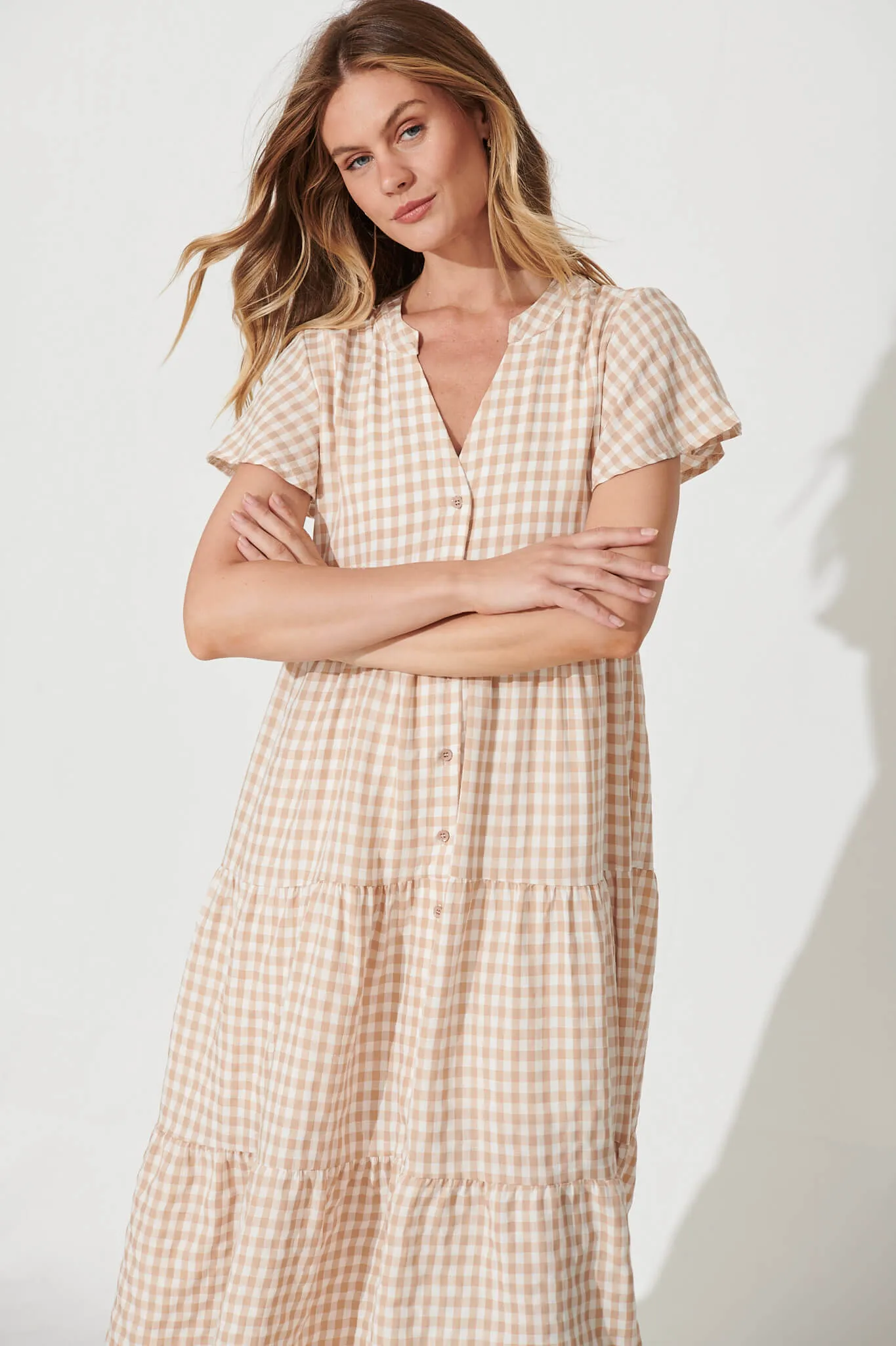 Bently Midi Dress In Beige Gingham Check Cotton Blend sold by St Frock product image thumbnail 2