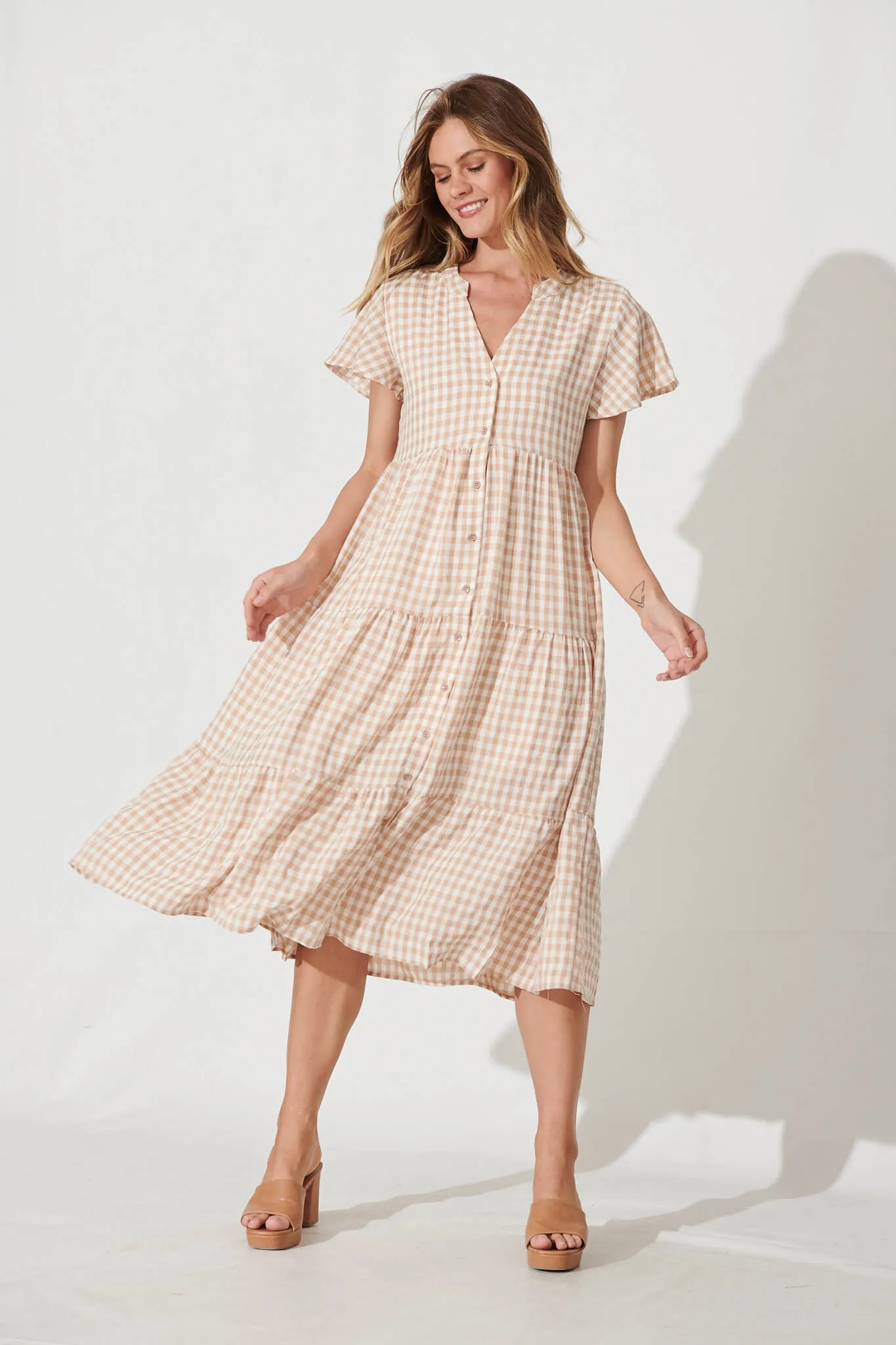 Bently Midi Dress In Beige Gingham Check Cotton Blend sold by St Frock