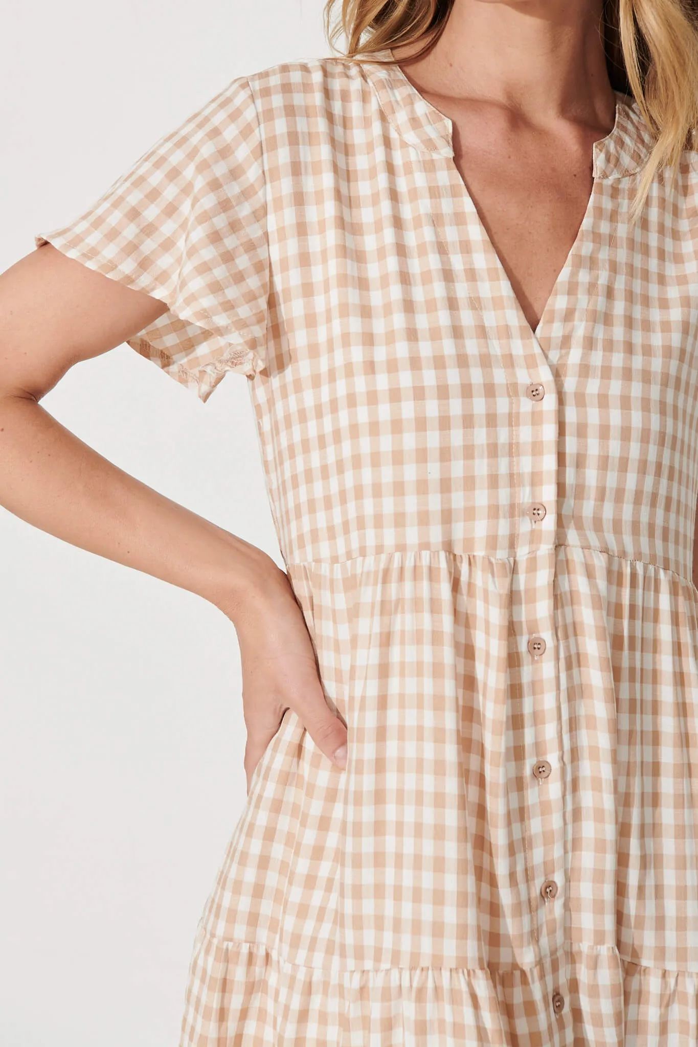 Bently Midi Dress In Beige Gingham Check Cotton Blend sold by St Frock product image thumbnail 5