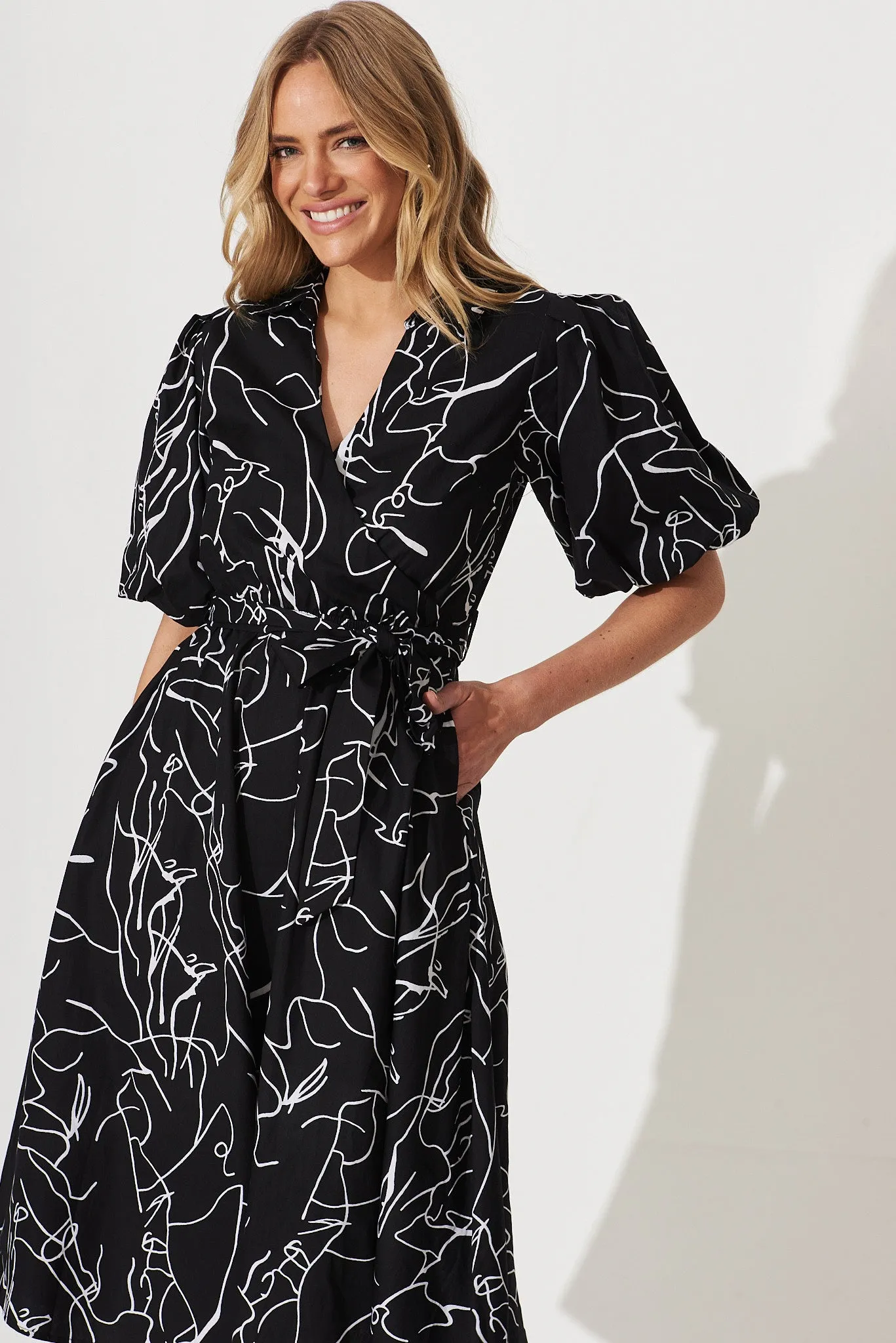 Brighton Midi Dress In Black With White Print Cotton sold by St Frock product image thumbnail 2