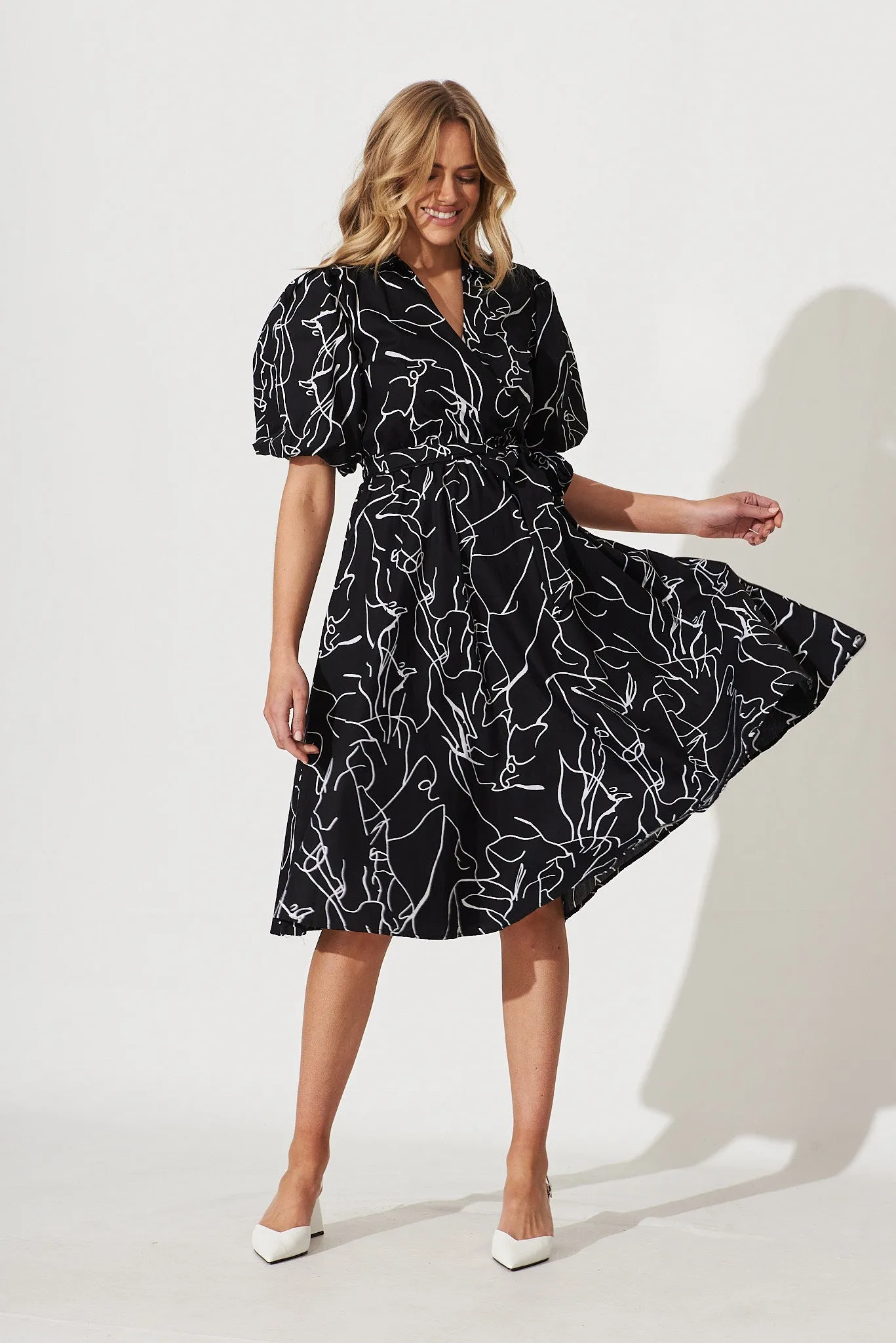 Brighton Midi Dress In Black With White Print Cotton sold by St Frock