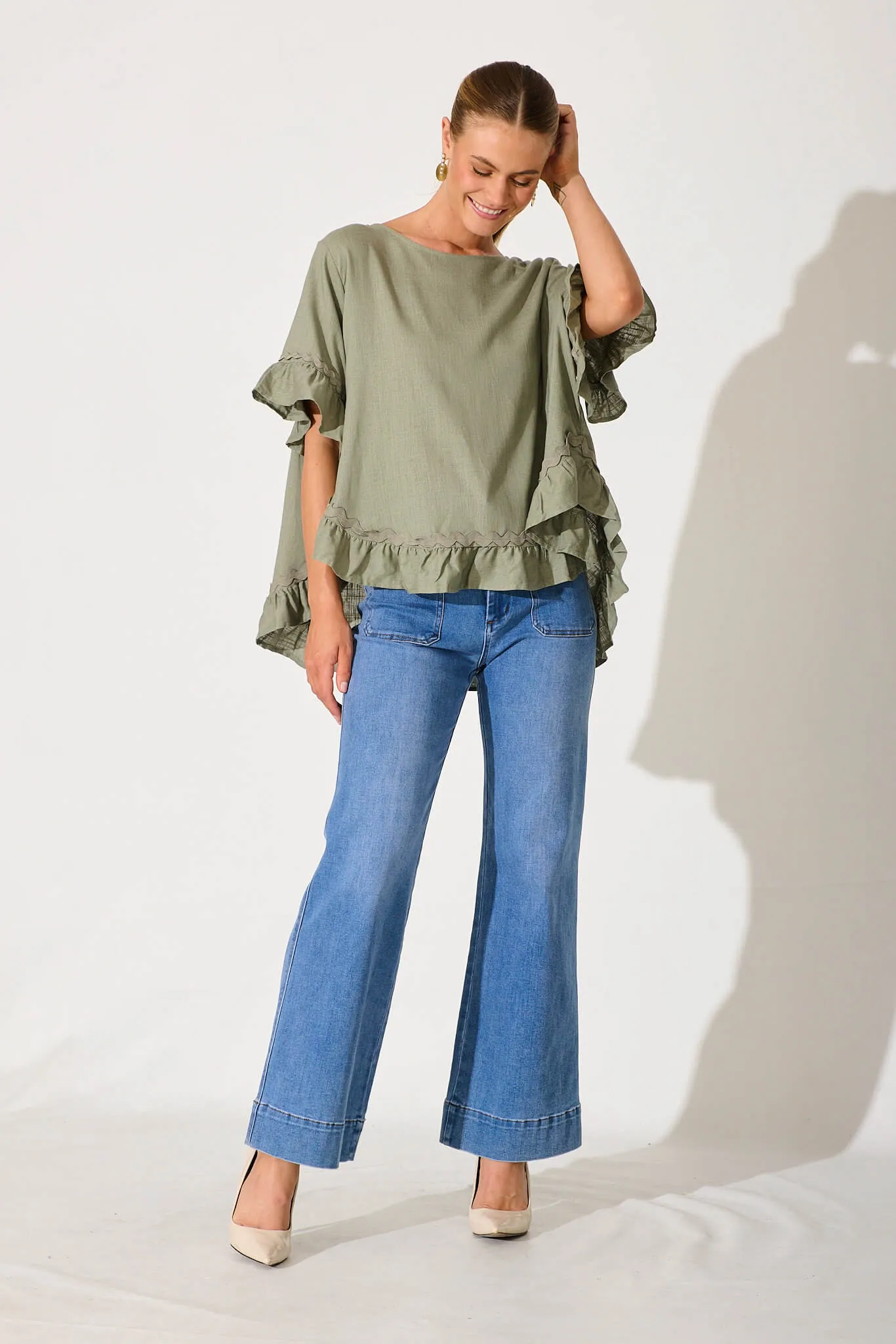 Catharina Top In Khaki With Ric Rac Trim Linen Blend sold by St Frock product image thumbnail 4