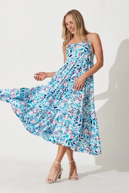 Matilda Maxi Sundress In White With Teal Multi Watercolour Print sold by St Frock