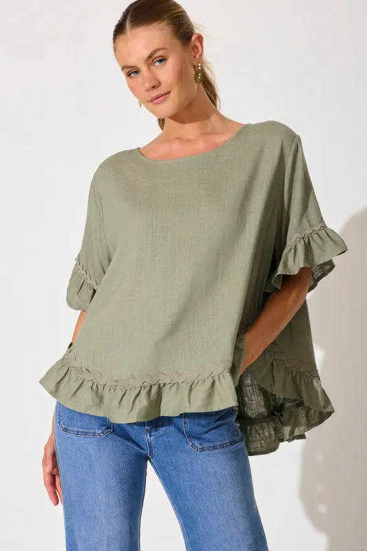 Catharina Top In Khaki With Ric Rac Trim Linen Blend sold by St Frock