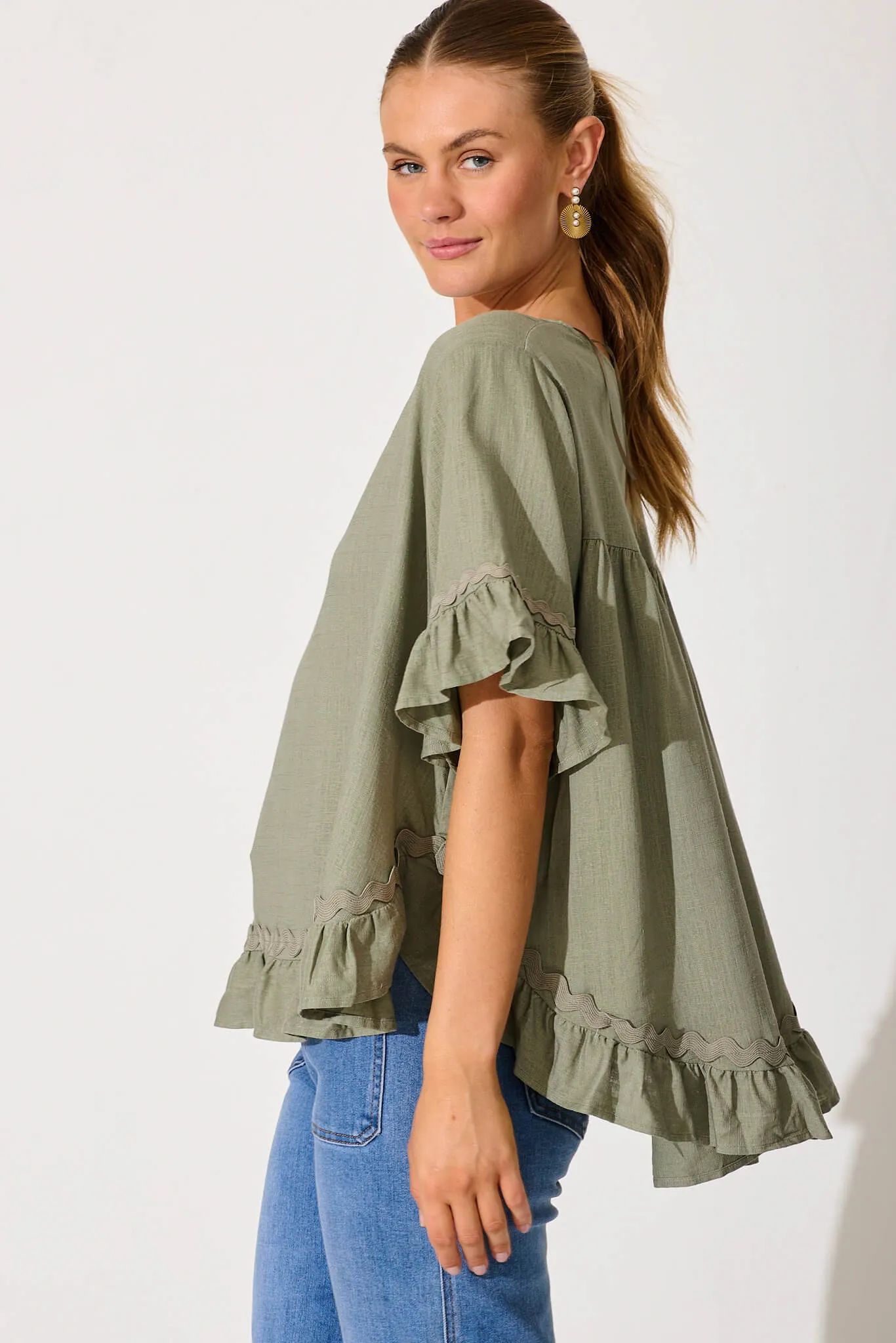 Catharina Top In Khaki With Ric Rac Trim Linen Blend sold by St Frock product image thumbnail 2