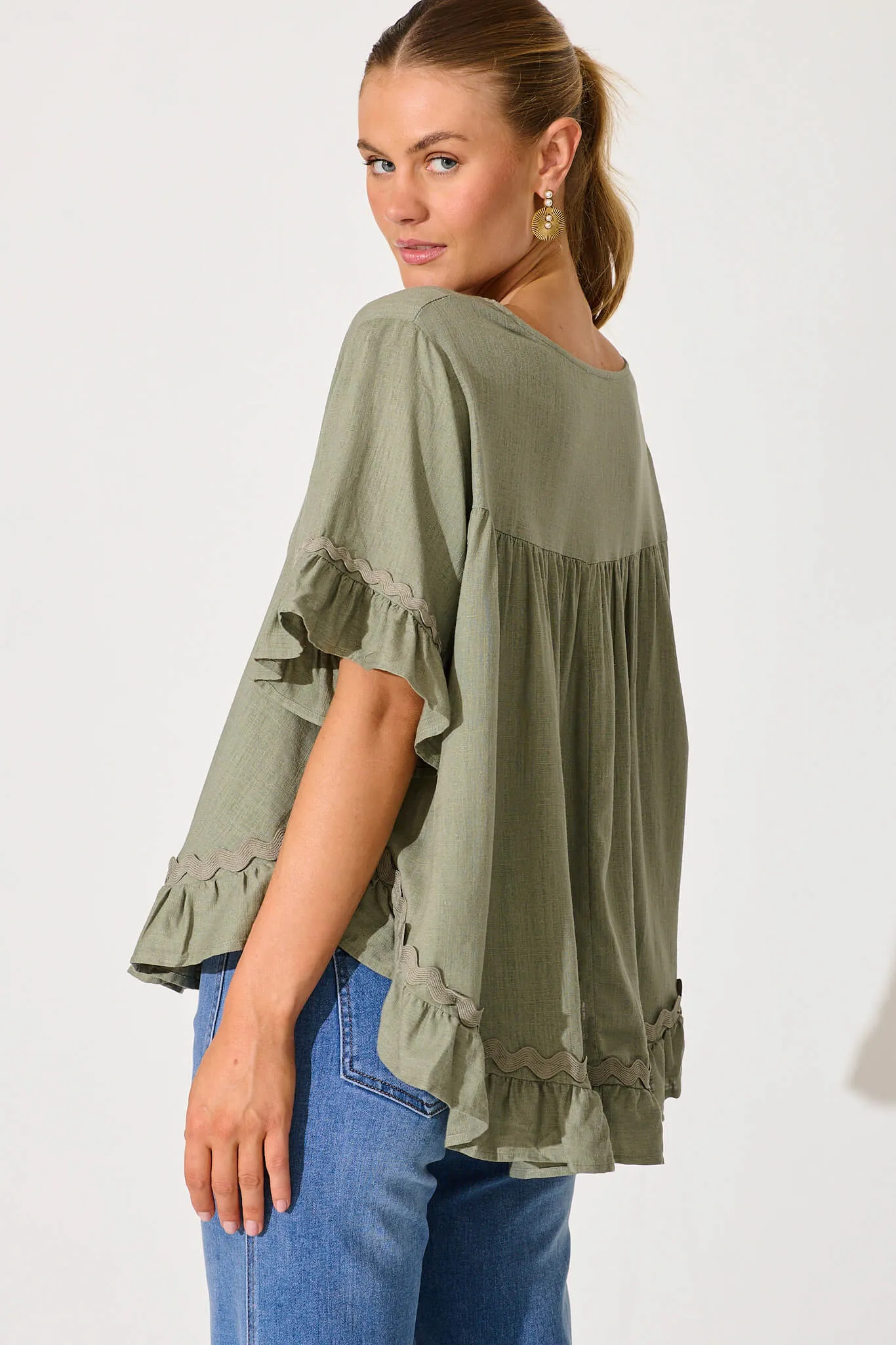 Catharina Top In Khaki With Ric Rac Trim Linen Blend sold by St Frock product image thumbnail 3