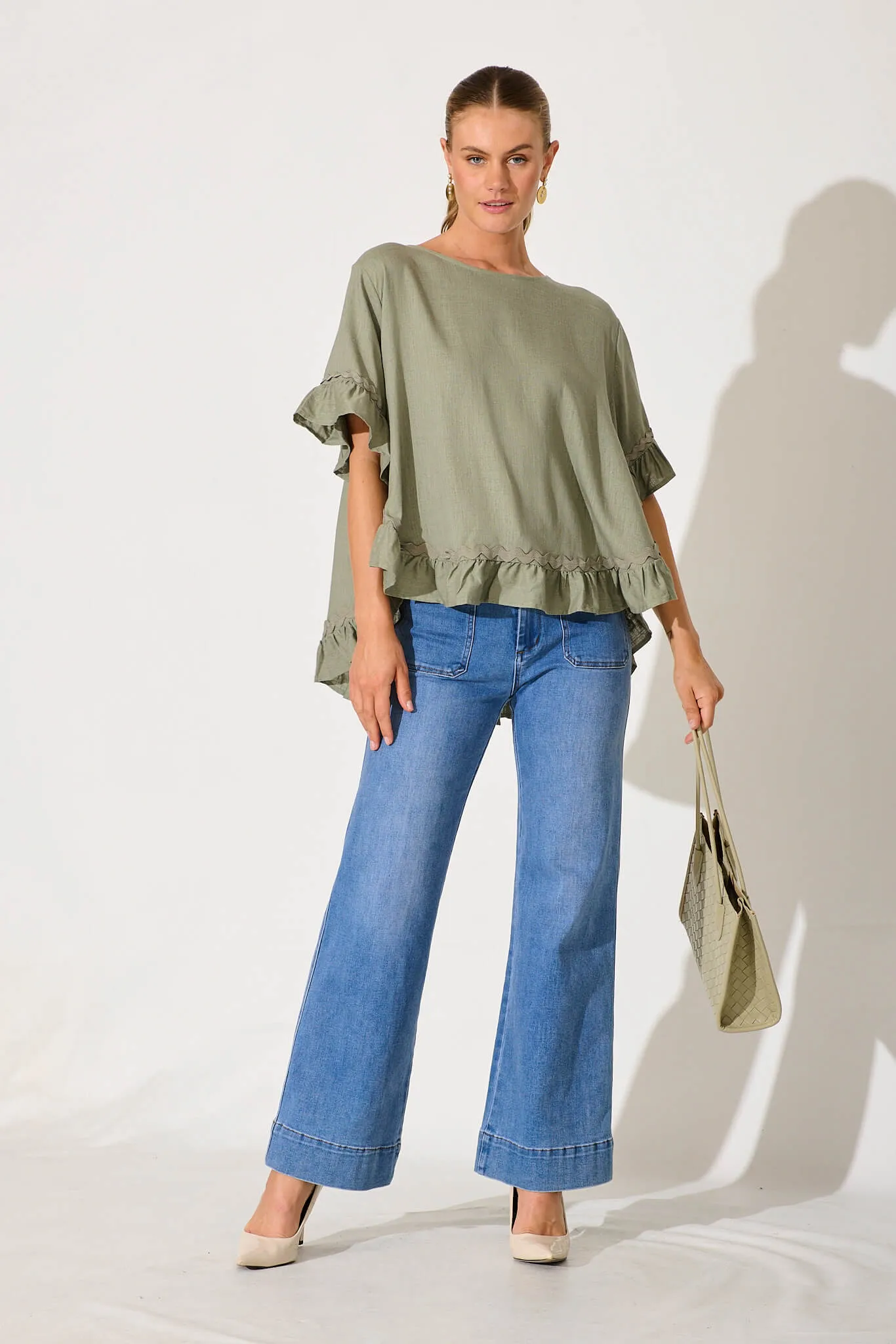 Catharina Top In Khaki With Ric Rac Trim Linen Blend sold by St Frock product image thumbnail 5