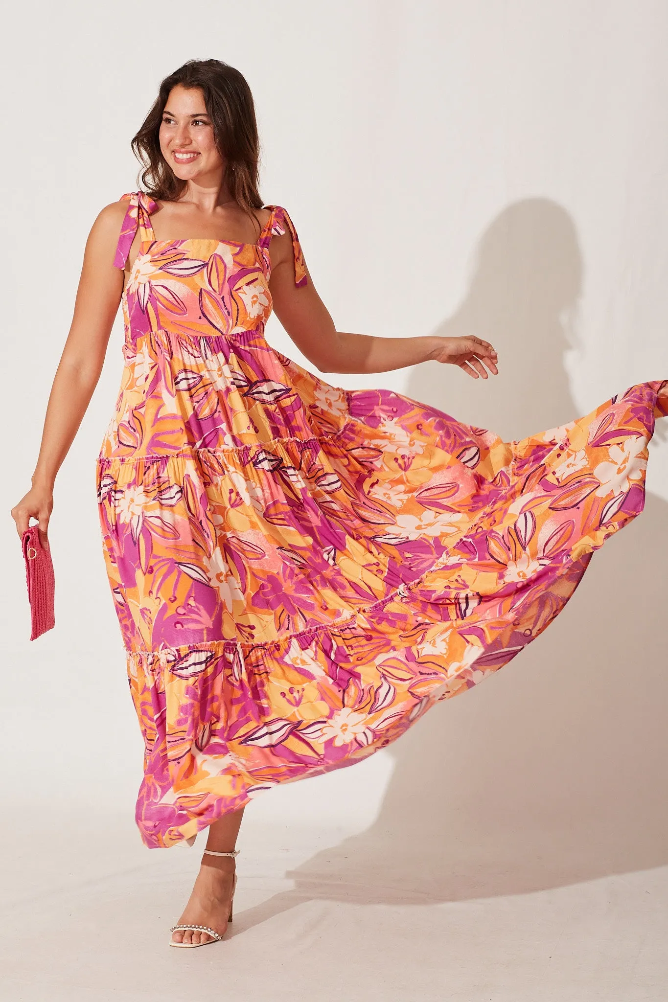 Shreya Maxi Dress In Purple And Tangerine Floral sold by St Frock