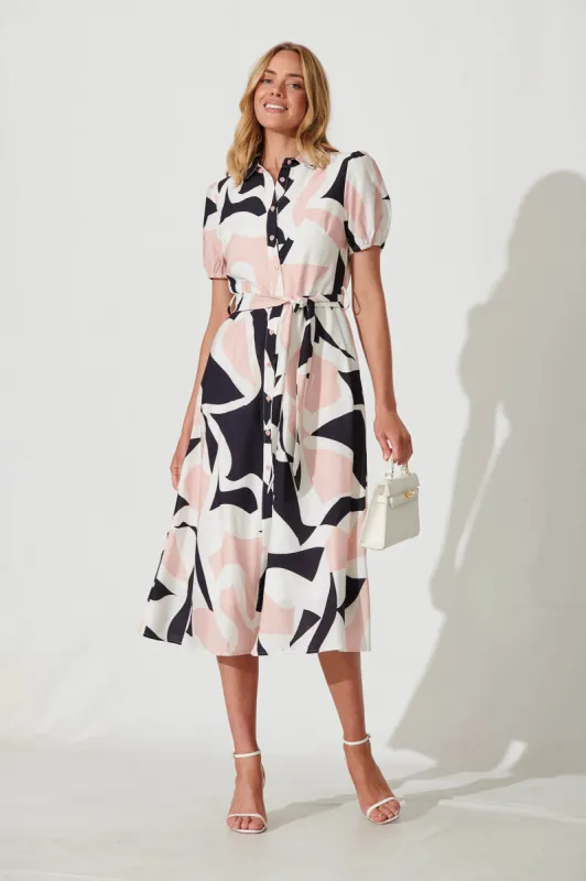 Martine Midi Shirt Dress In Blush With Cream Geometric Print Cotton Blend sold by St Frock