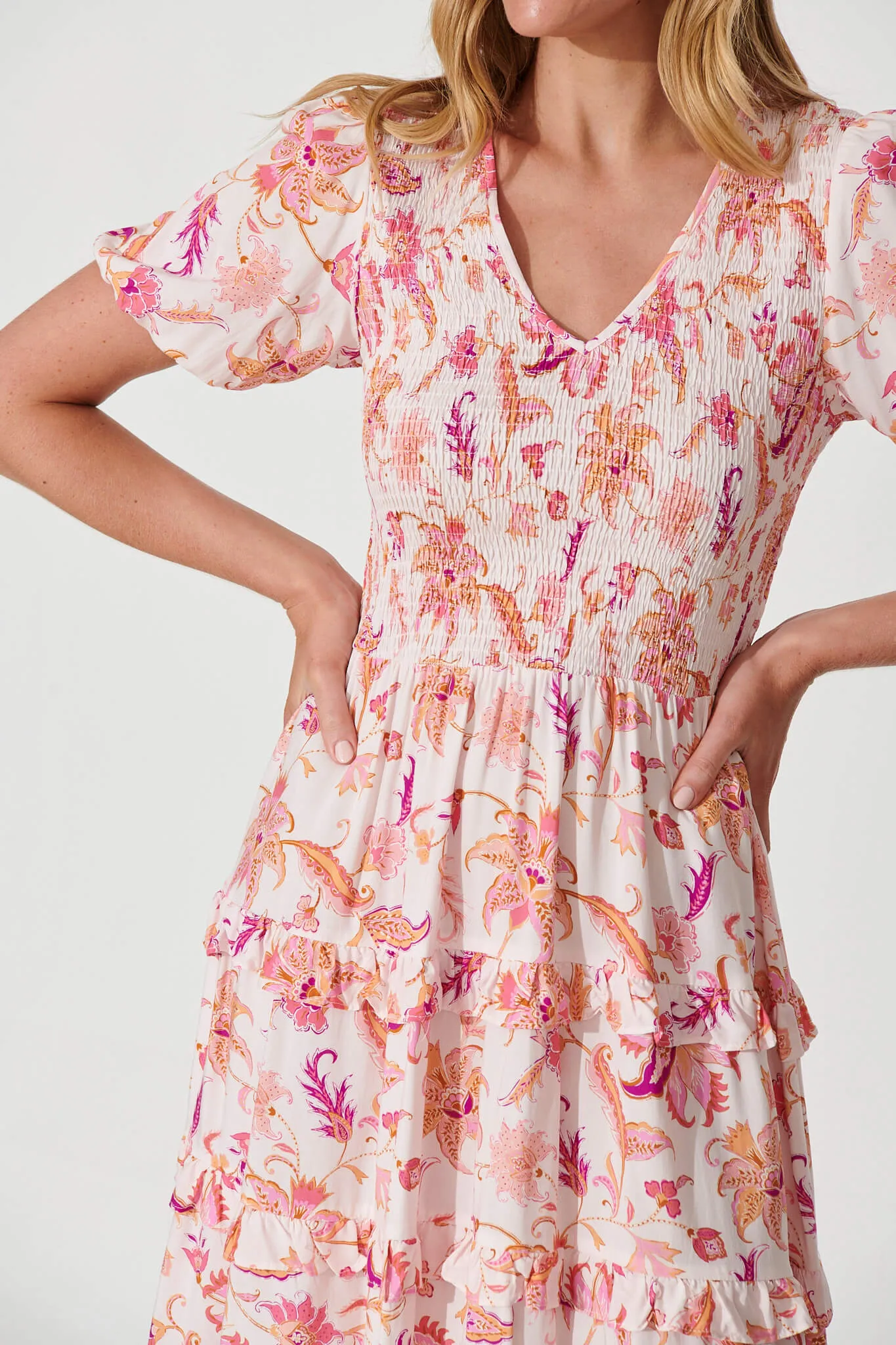 Genevieve Dress In White With Pink Multi Floral sold by St Frock product image thumbnail 5