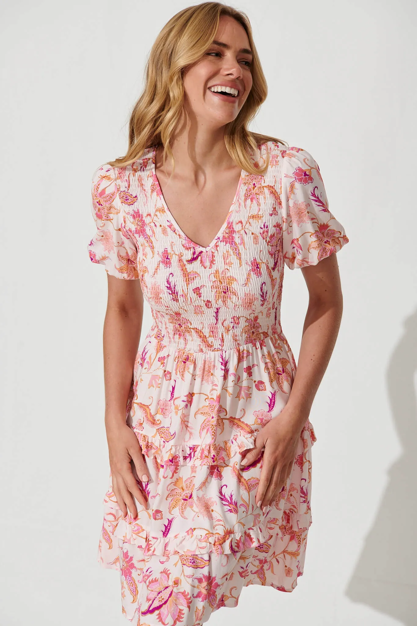 Genevieve Dress In White With Pink Multi Floral sold by St Frock product image thumbnail 2