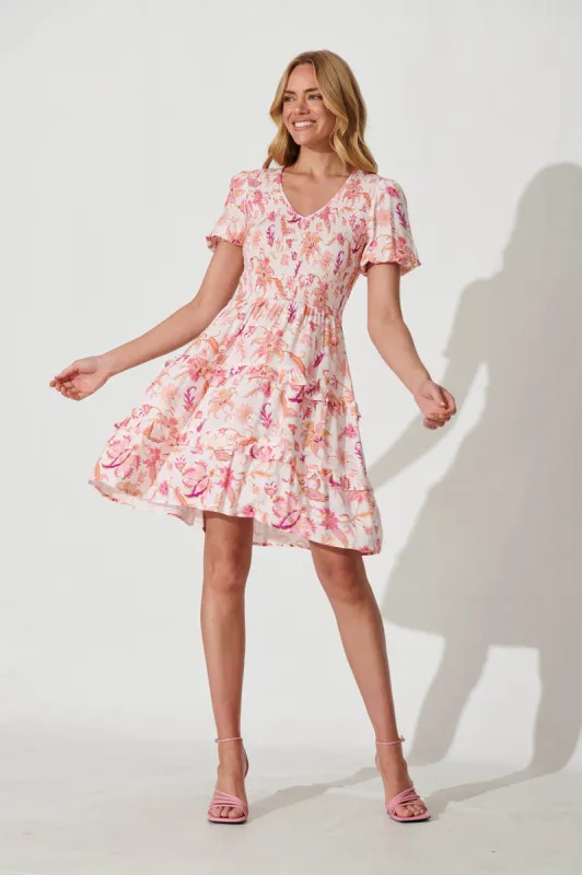 Genevieve Dress In White With Pink Multi Floral sold by St Frock