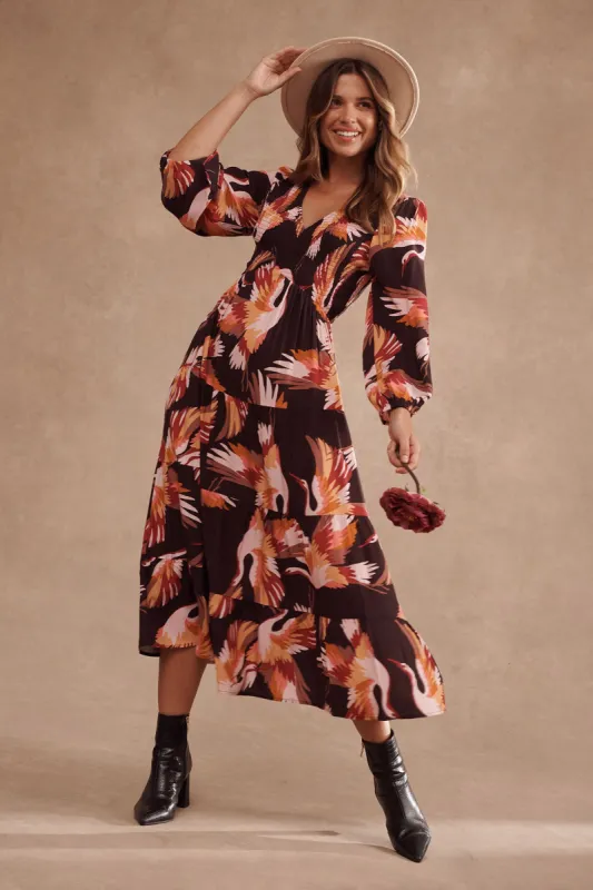 Kamikaze Midi Dress In Dark Chocolate Multi Bird Print sold by St Frock